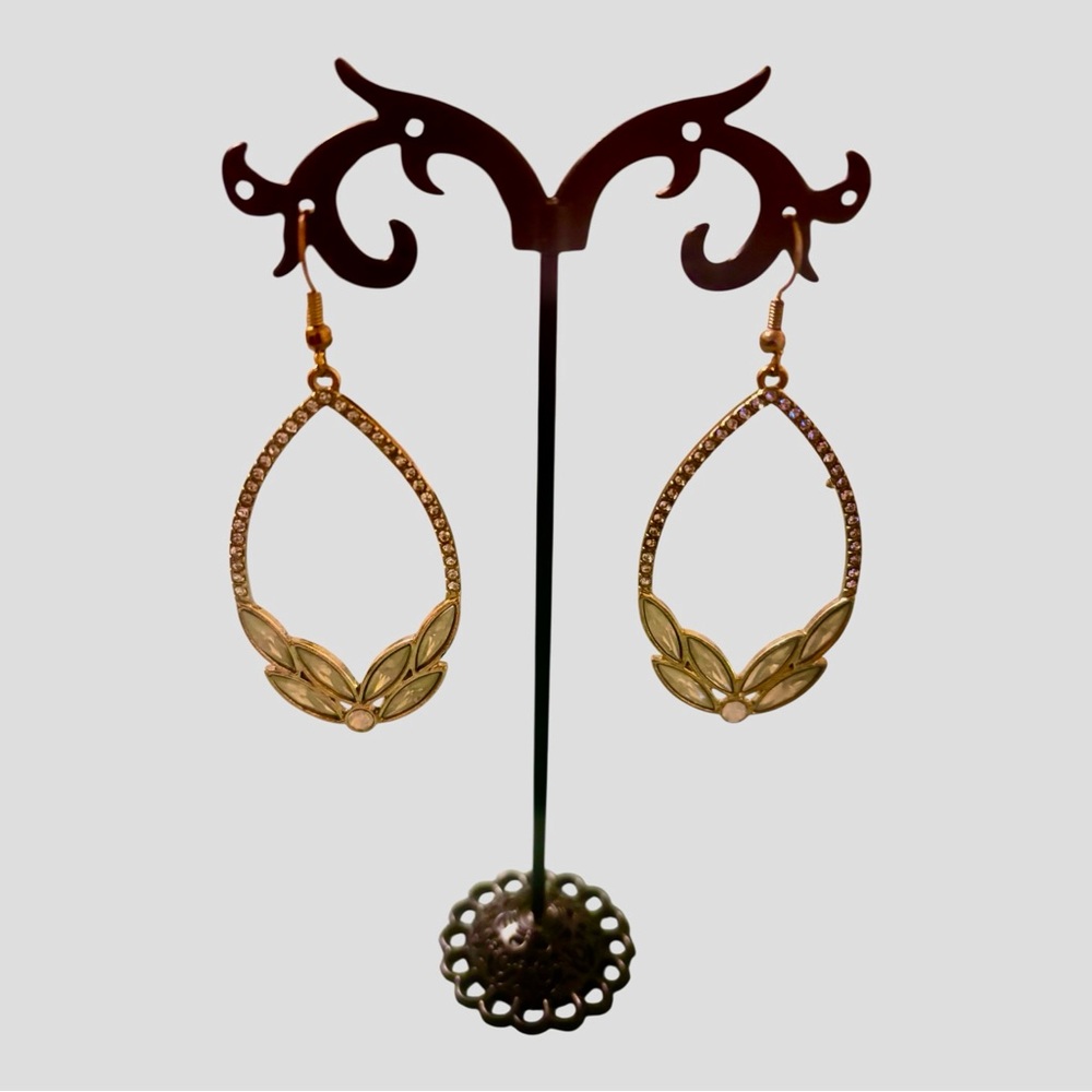 Gold Leaf Rhinestone Teardrop Dangle Earrings - Women Jewelry-about 2 inches